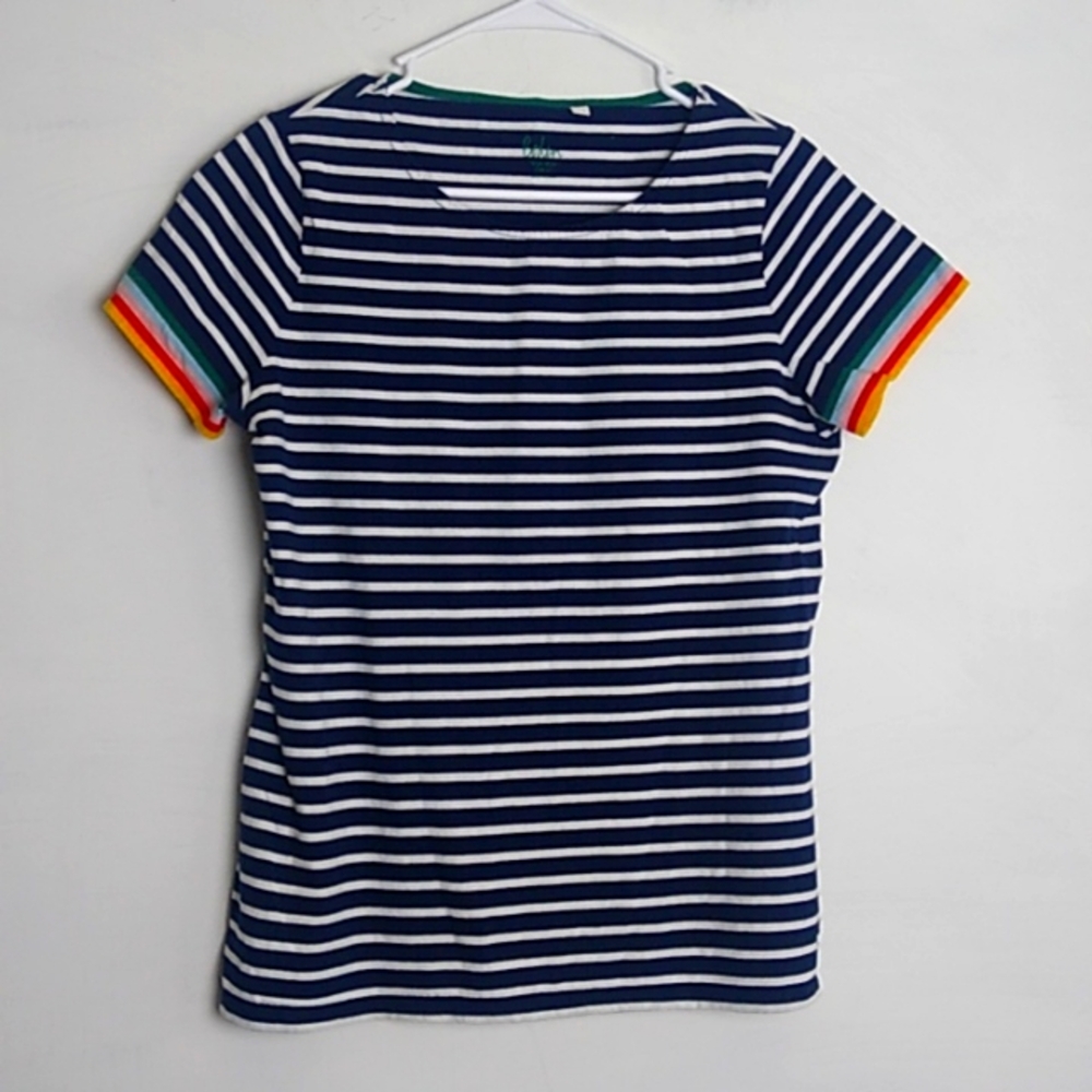 Boden Navy Blue White Striped T Shirt Rainbow Cuffed Short Sleeves Size 10
